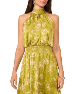 Vince Camuto Sleeveless Halter Neck Smocked Waist Green Oasis Online