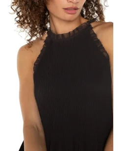Liverpool Los Angeles Sleeveless Pleated Healter Top with Ruffle Chiffon Black Hot