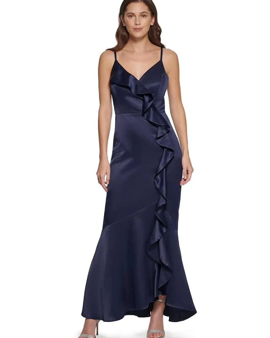 DKNY Sleeveless Ruffled V-Neck Gown Navy Sale