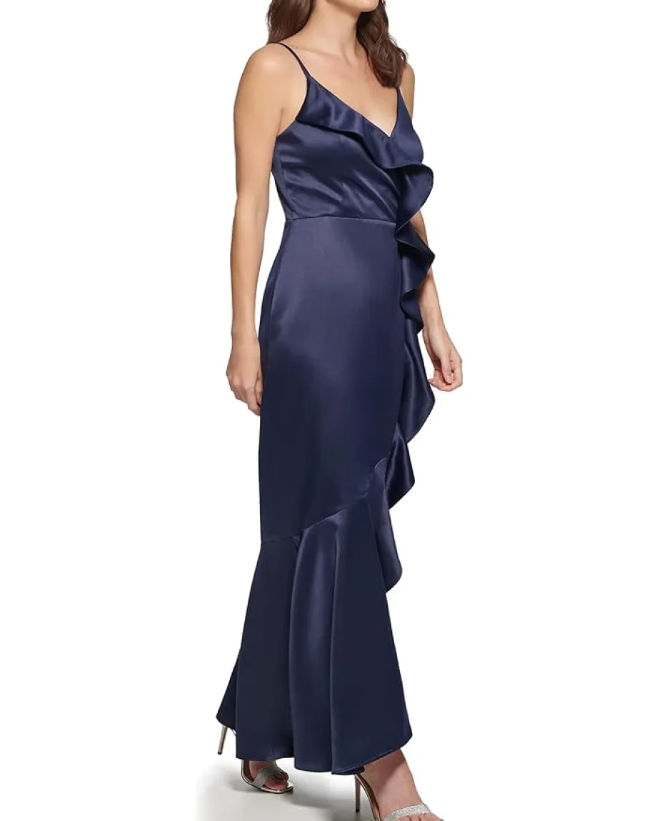 DKNY Sleeveless Ruffled V-Neck Gown Navy Sale