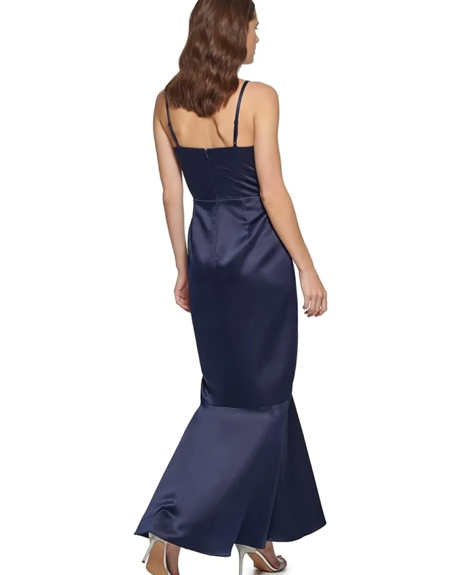 DKNY Sleeveless Ruffled V-Neck Gown Navy Sale