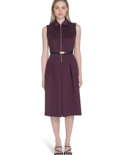 Calvin Klein Sleeveless Scuba Belted Zipper Dress Aubergine Discount
