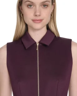 Calvin Klein Sleeveless Scuba Belted Zipper Dress Aubergine Discount