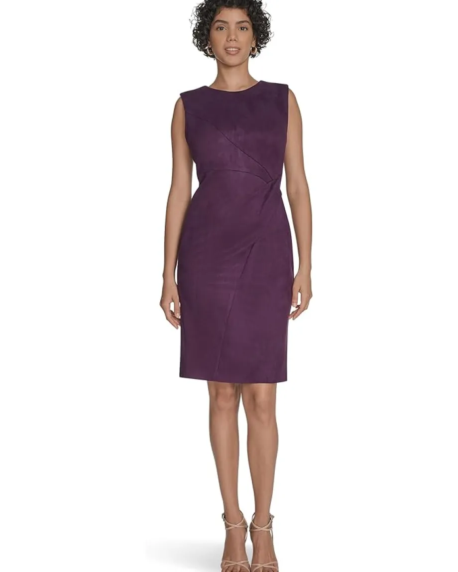 Calvin Klein Sleeveless Suede Sheath Aubergine
