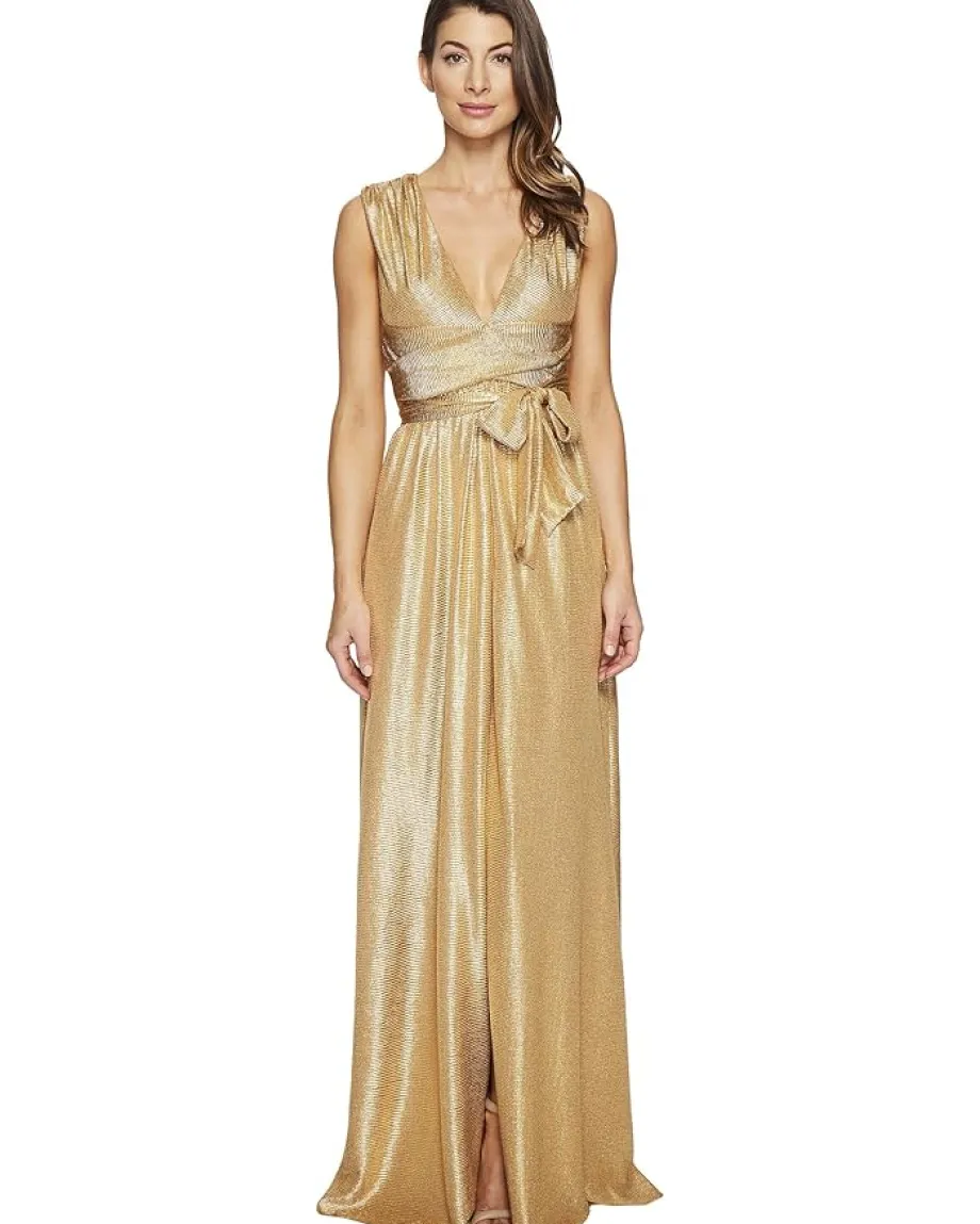 Women Halston Sleeveless V-Neck Jersey Gown w/ Wrap Tie & Front Slit