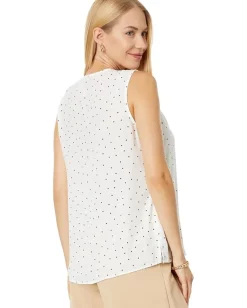 Vince Camuto Sleeveless V-Neck Ruffle Front Pindot Blouse New Ivory Discount