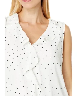 Vince Camuto Sleeveless V-Neck Ruffle Front Pindot Blouse New Ivory Discount