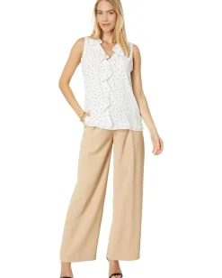 Vince Camuto Sleeveless V-Neck Ruffle Front Pindot Blouse New Ivory Discount