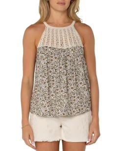 Liverpool Los Angeles Sleeveless Woven Halter with Crochet Top Olive Leaf/Cream Sale
