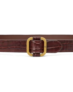 Lauren Ralph Lauren Slide-Buckle Croc-Embossed Leather Belt Dark Mahogany Hot