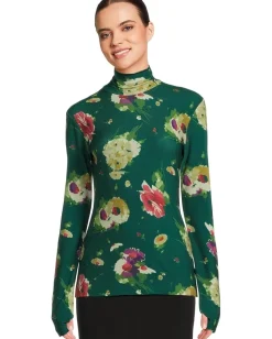 Norma Kamali Slim Fit Long Sleeve Turtle Top Floral Green Multi Outlet