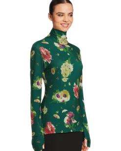 Norma Kamali Slim Fit Long Sleeve Turtle Top Floral Green Multi Outlet