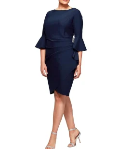 Alex Evenings Slimming Short Dress with Bell Sleeves (Petite and Regular) Navy Best