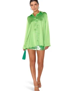 Show Me Your Mumu Smith Button-Down Bright Green Luxe Satin Outlet
