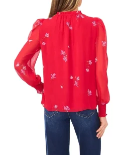 CeCe Smocked Cuff Ruffle Tie Neck Top Stoplight Red Best