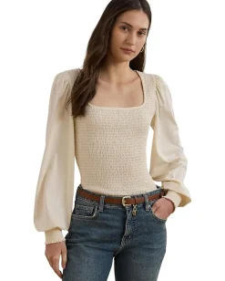 Lauren Ralph Lauren Smocked Jersey Blouson Sleeve Top Mascarpone Cream Online