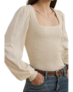 Lauren Ralph Lauren Smocked Jersey Blouson Sleeve Top Mascarpone Cream Online