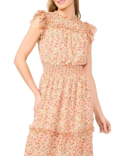 Women CeCe Smocked Waist Ruffle Tiered Midi Dress