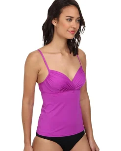 Badgley Mischka Solid Shirred Underwire Tankini Top Dark Orchid Clearance