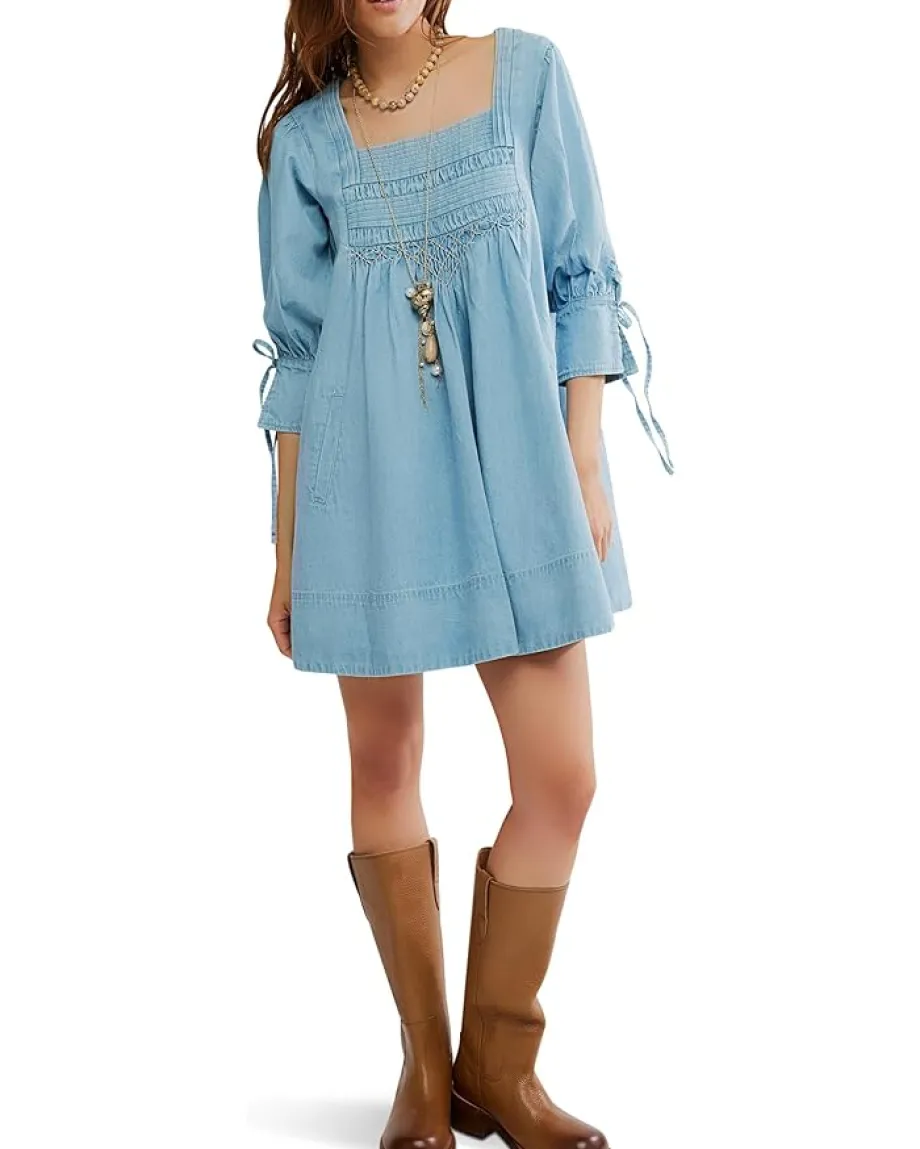 Free People Sonora Denim Mini Dress Cornflower Clearance
