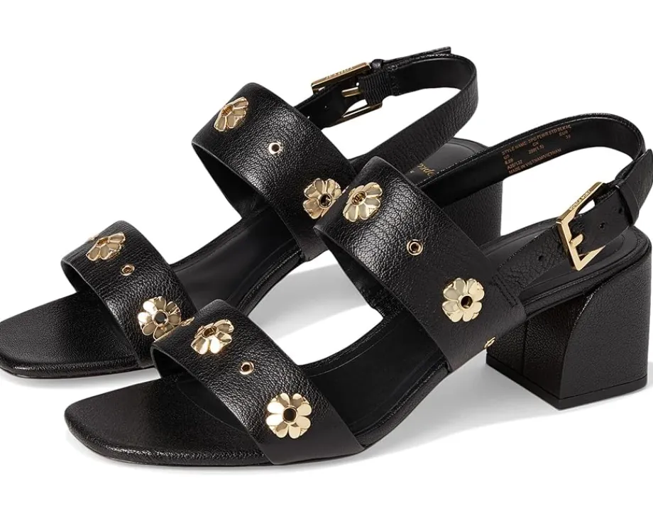 Kate Spade New York Spade Flower Stud Pebbled Leather Block Heel Sandals Black Outlet