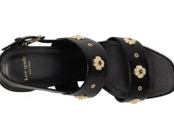 Kate Spade New York Spade Flower Stud Pebbled Leather Block Heel Sandals Black Outlet