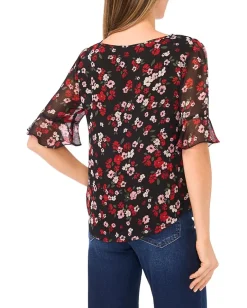 Women CeCe Split Tie Neck Ruffle Cuff Top