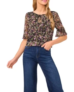 CeCe Split Tie Neck Ruffle Cuff Top Rich Black