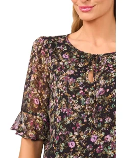 CeCe Split Tie Neck Ruffle Cuff Top Rich Black