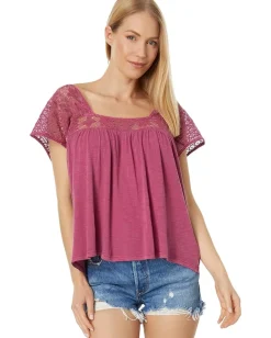 Lucky Brand Square Neck Lace Beach Tee Red Violet Online