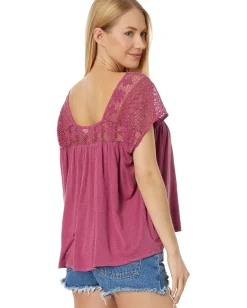 Lucky Brand Square Neck Lace Beach Tee Red Violet Online