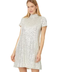 Women CeCe S/S Mock Nk Sequin A-Line Dress W/ Back Bow 246