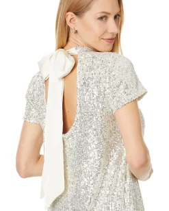 Women CeCe S/S Mock Nk Sequin A-Line Dress W/ Back Bow 246