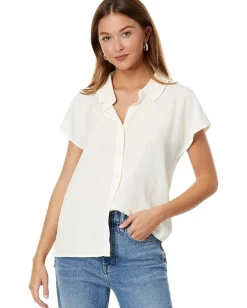 Women Mod-o-doc Stone Washed Tencel Short Sleeve Button-Down Hi-Lo Blouse