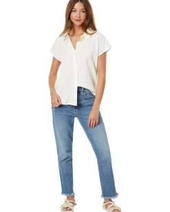 Women Mod-o-doc Stone Washed Tencel Short Sleeve Button-Down Hi-Lo Blouse