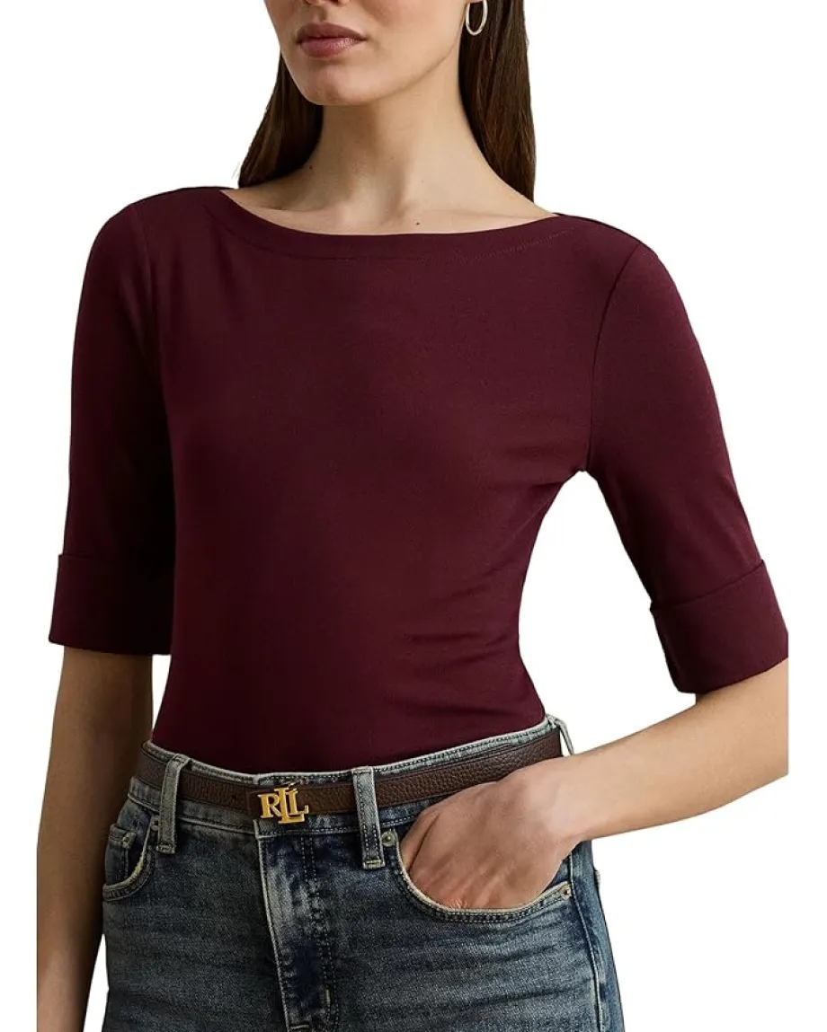 Lauren Ralph Lauren Stretch Cotton Boatneck Tee Dark Garnet Discount