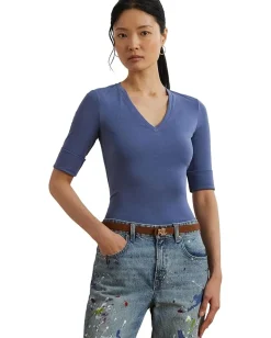 Women Lauren Ralph Lauren Stretch Cotton Elbow-Sleeve V-Neck Tee