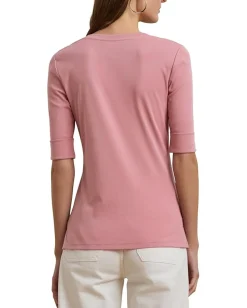 Lauren Ralph Lauren Stretch Cotton Elbow-Sleeve V-Neck Tee Rose Mauve Hot