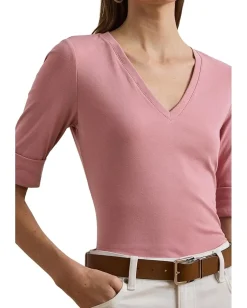 Lauren Ralph Lauren Stretch Cotton Elbow-Sleeve V-Neck Tee Rose Mauve Hot
