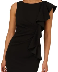 Adrianna Papell Stretch Crepe Side Ruffle Cocktail Dress Black Discount