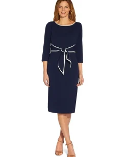 Adrianna Papell Stretch Crepe Tie Front Dress with Contrast Tipping Navy Sateen/Ivory New