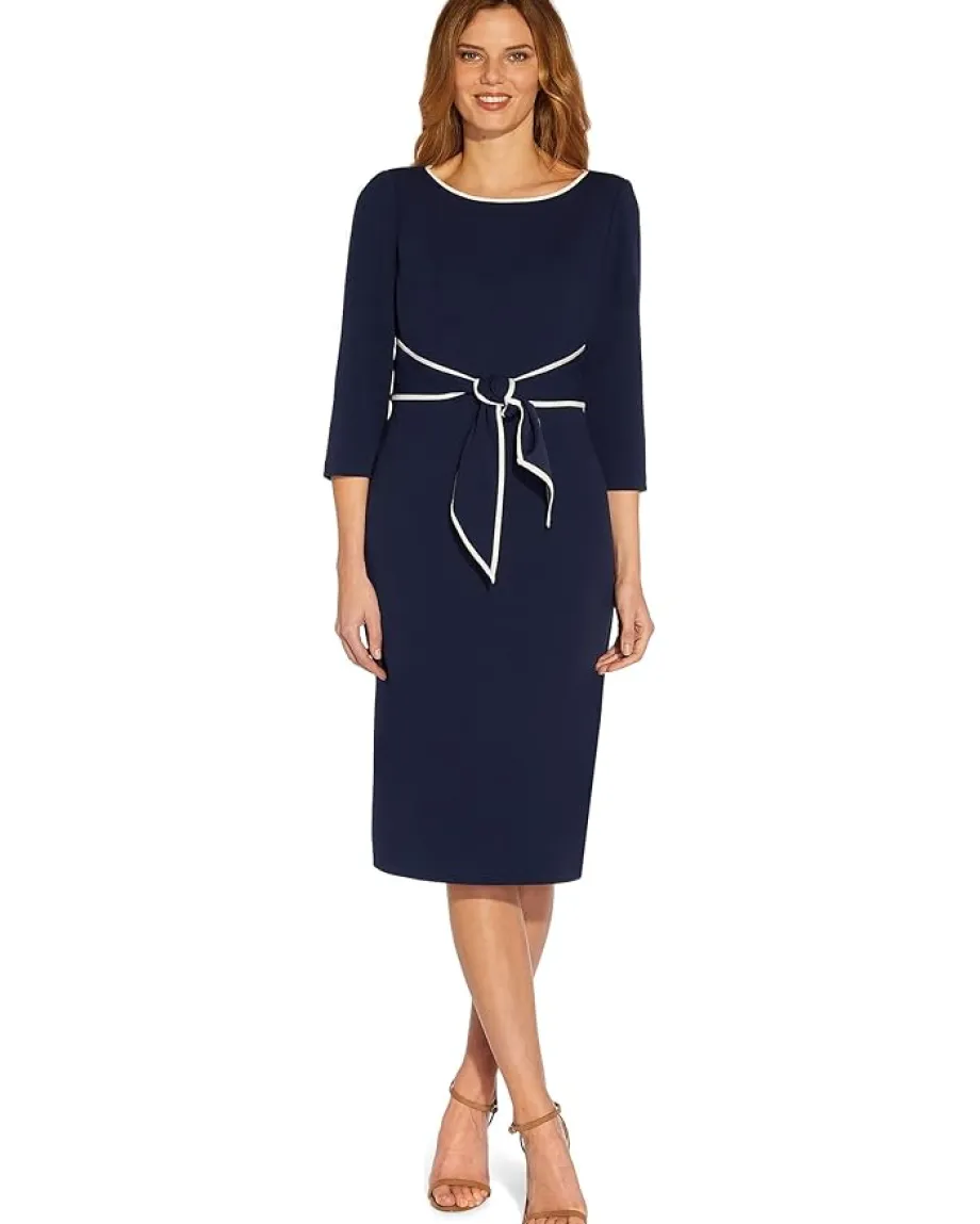 Adrianna Papell Stretch Crepe Tie Front Dress with Contrast Tipping Navy Sateen/Ivory New