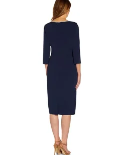 Adrianna Papell Stretch Crepe Tie Front Dress with Contrast Tipping Navy Sateen/Ivory New