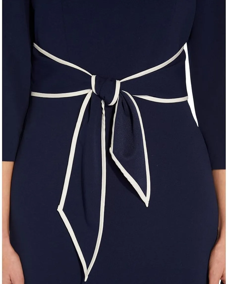 Adrianna Papell Stretch Crepe Tie Front Dress with Contrast Tipping Navy Sateen/Ivory New