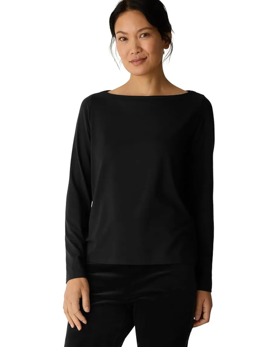 Women Eileen Fisher Stretch Jersey Knit Bateau Neck Long Sleeve Top