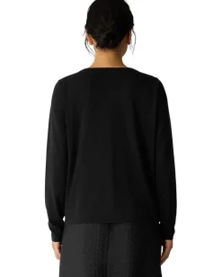 Eileen Fisher Stretch Jersey Knit V-neck Button Front Top Black New