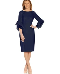 Women Adrianna Papell Stretch Knit Crepe Sheath Dress with Tiered Organza Bell Sleeve