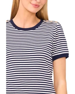 CeCe Striped Baby Tee With Crest Button Detail Classic Navy New
