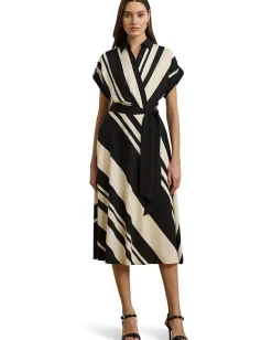 Lauren Ralph Lauren Striped Belted Crepe Dress Cream/Black