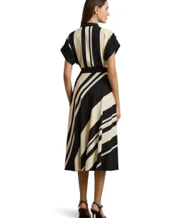 Lauren Ralph Lauren Striped Belted Crepe Dress Cream/Black